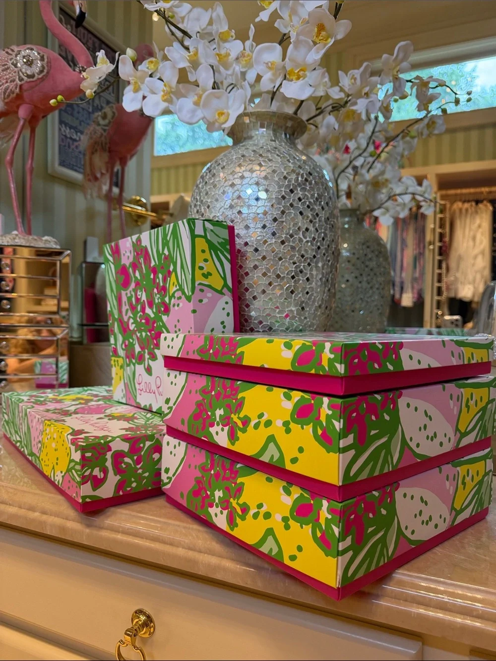 Lilly Pulitzer Set Of 5 Floral Gift Boxes In Pink, Yellow, And Green